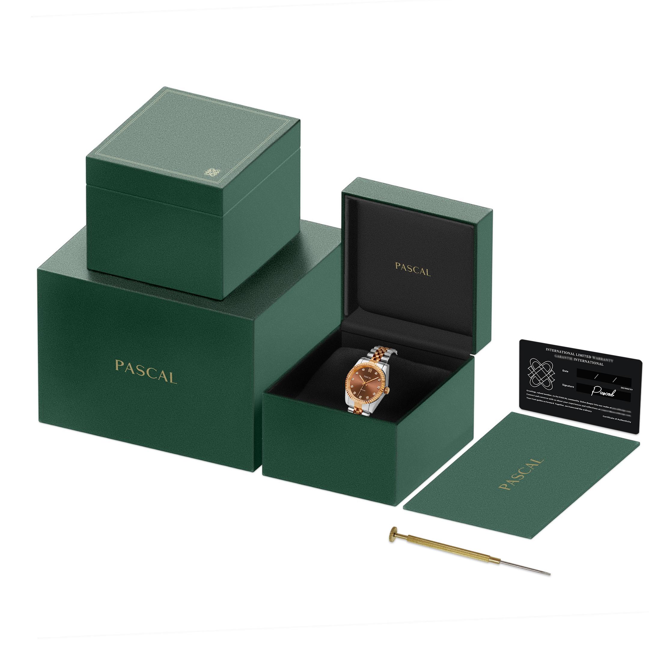 PASCAL Timeless Classic Gold Watch for Women & Men 31mm & 36mm with White Lab-Grown Diamonds Swiss Ronda 763 Quartz Movement Stainless Steel Bracelet Everyday Luxury Gift