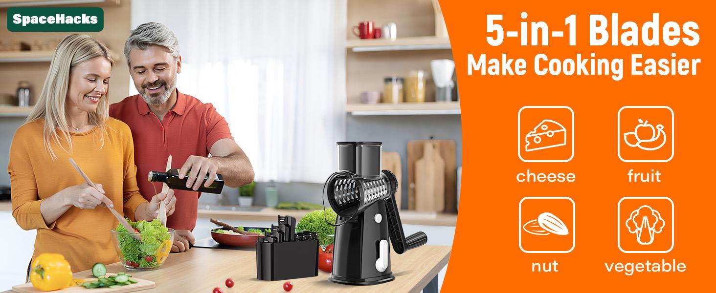 Rotary Cheese Grater with Handle, 5 Well-Designed Blades, Strong Suction Cup Base, Kitchen Utensils Vegetable Slicer Dicer Fruit Vegetable Slicer Gadgets Kitchen