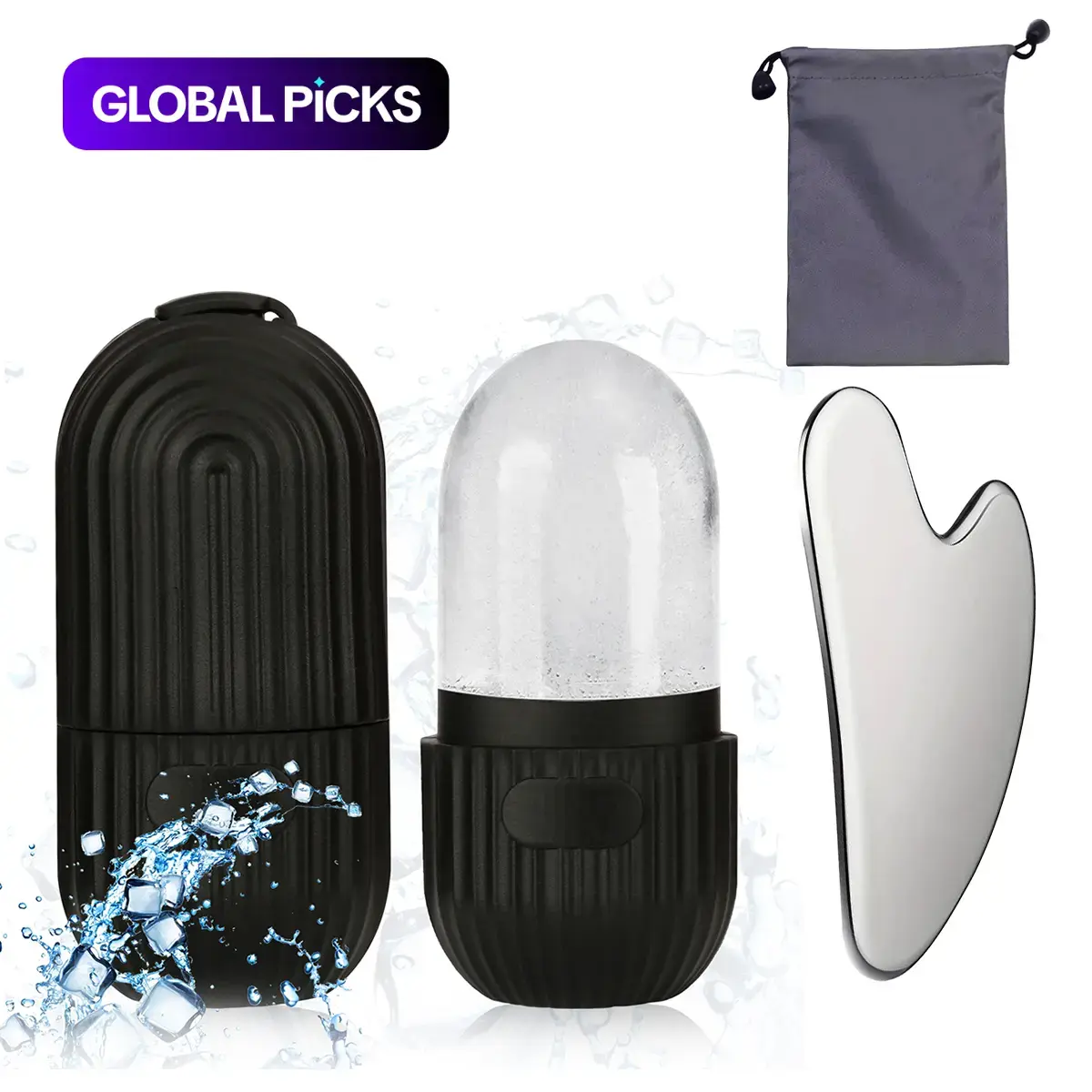 Silicone Facial Ice Mold, Ice Roller and Stainless Steel Gua Sha Tool Set with Storage Bag, 2 Counts/set Reusable Facial Care Tools, Manual Massage Tools, Skincare Products, Self Care Products, Beauty Tools #GLOBAL PICKS