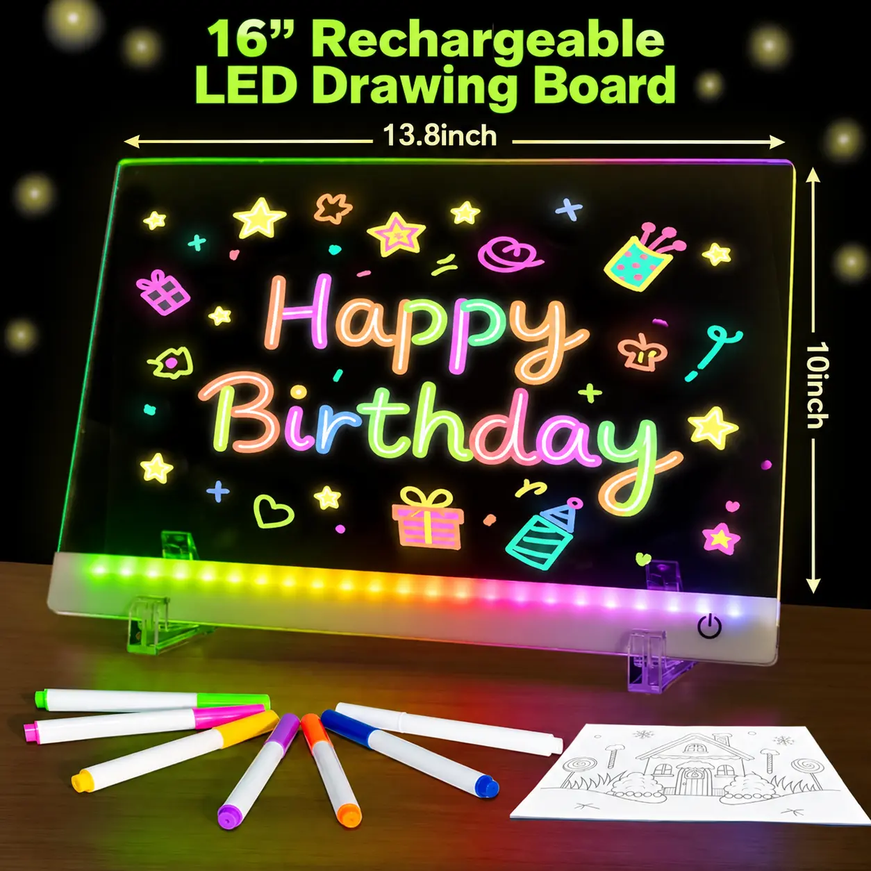 GMOX 17-Inch Rechargeable LED Dry Erase Tool - Acrylic Message Display, DIY Night Light with 13 Modes, 8 Line Art Sheets, Stand, Hanging Chain, Portable Neon Pens for Kids, Office erase board illuminate