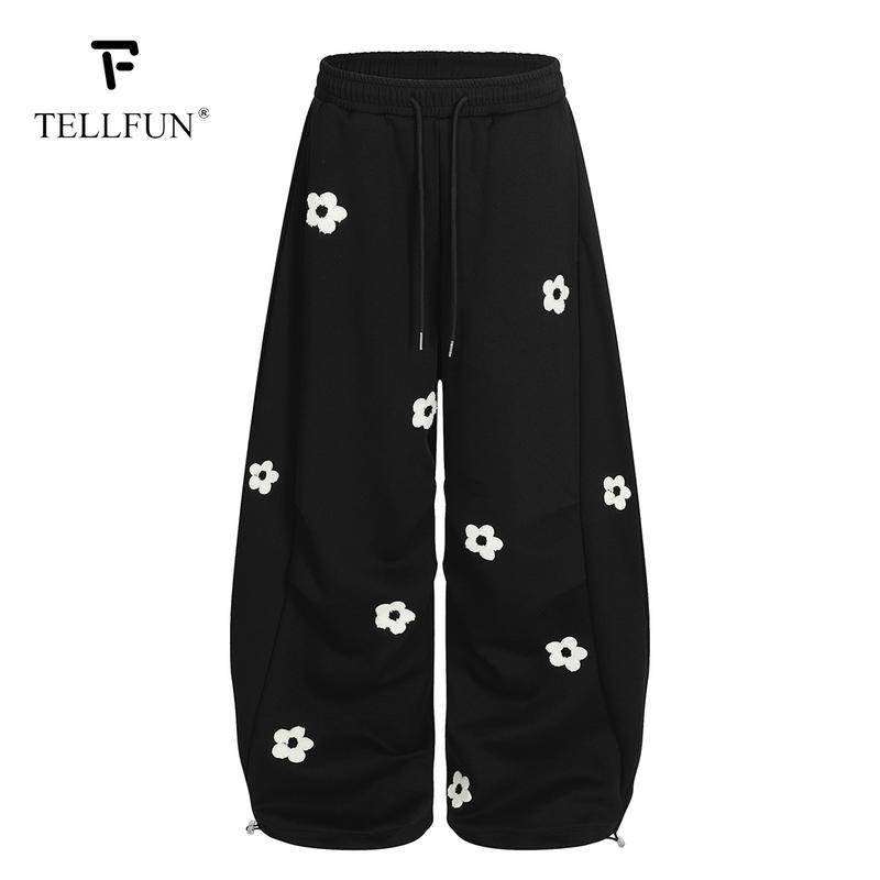 TELLFUN 2026 Unisex Floral Embroidery Baggy Barrel Sweatpants Elastic Waist Drawstring Casual Y2K Streetwear Loose Fit Vintage Joggers