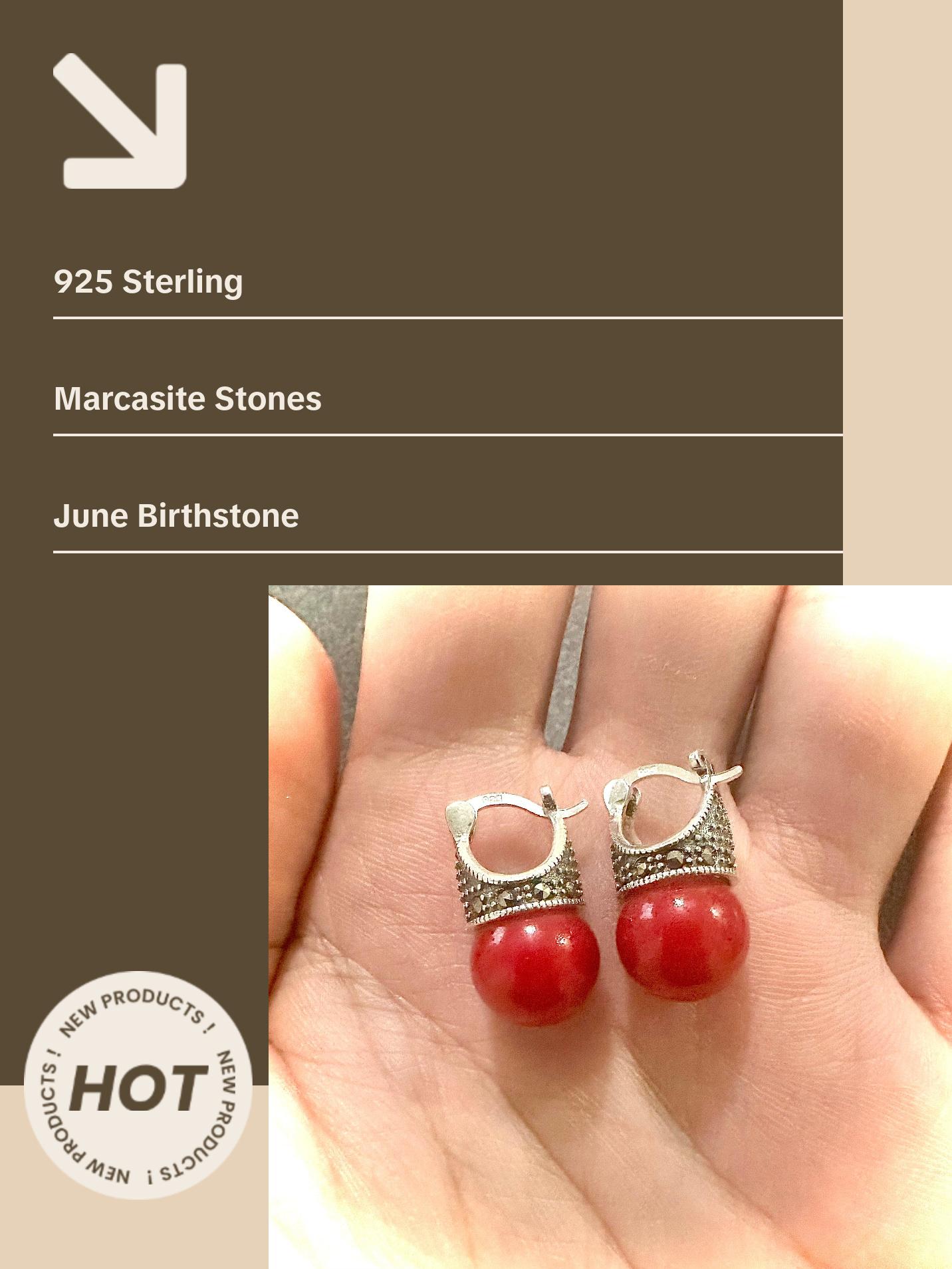 Marcasite Red Pearl Studs 925 Sterling Silver Birthstone Earrings
