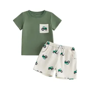 Toddler Baby Boy Summer Clothes Short Sleeve Tractor Print T-shirt Top Shorts 2Pcs Farm Outfit Casual 3M 6M 12M 18M 24M 2T