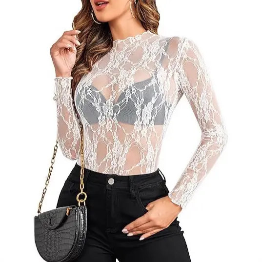 Sheer Lace Top for Women, Sexy Mesh Long Sleeve Floral See Through