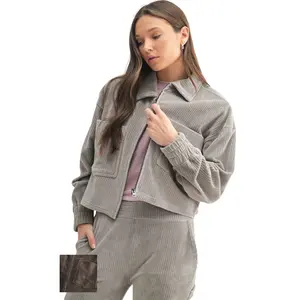 Velvetly Corduroy Collared and Cropped  Zip Up Jacket