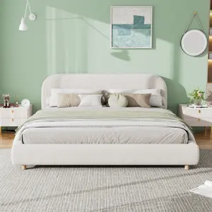 King Size Upholstered Bed With Boucle Fabric,Curved-Shape Design Thick Headboard, Solid Wood Legs,White