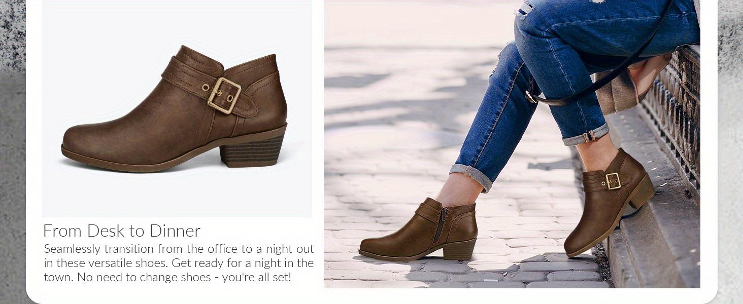 Comfortable Round-Toe Ankle Boots for Women with a Low Chunky Stacked Heel And Side Zipper.