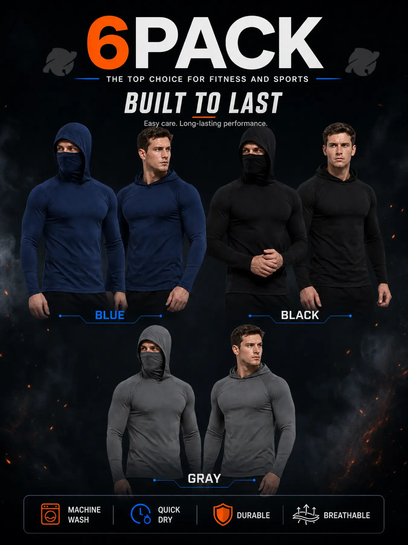 Men's 6-Pack Durable Compression Hoodie Shirts - Polyester Clothes, Moisture-Wick, UV Protection, Raglan Sleeves, Seamless Athletic Base Layer, Multi-Size Outdoor Wear for Running, Fitness