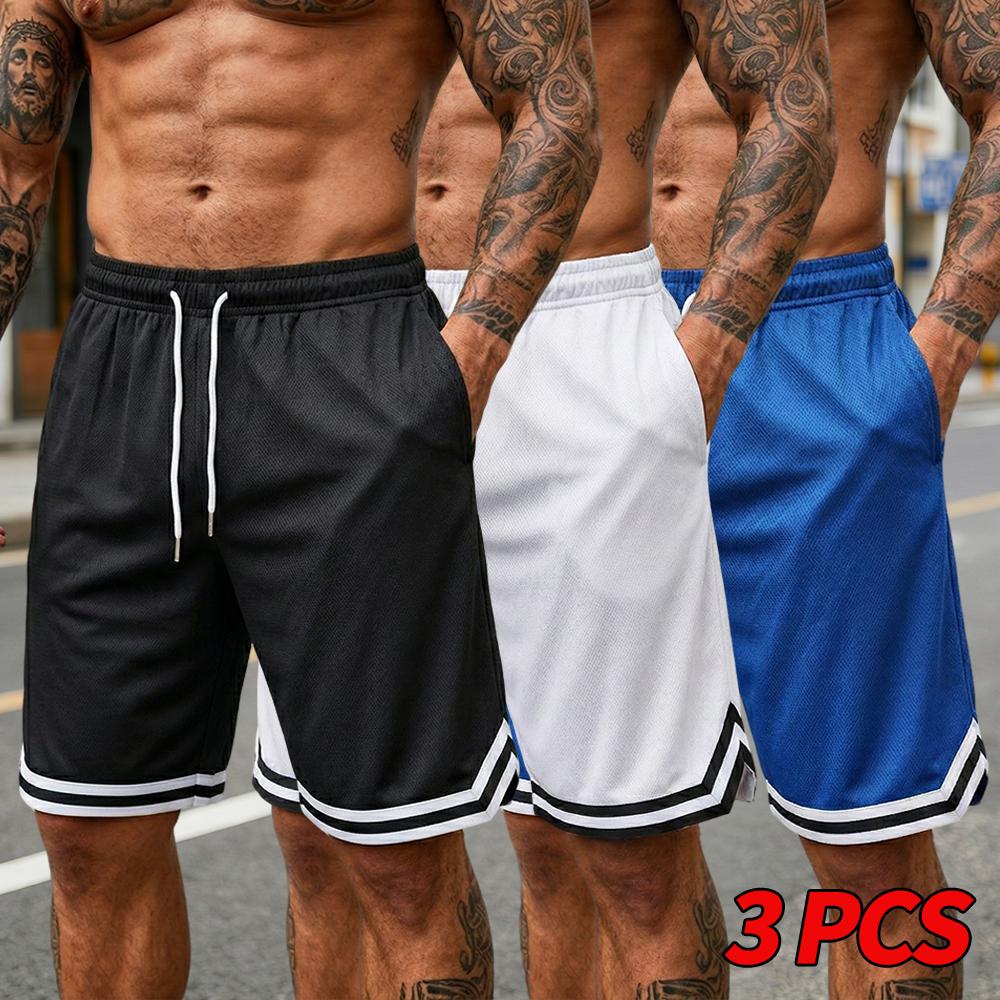 Men’s 3 Pack Summer Sports Shorts – Black/White Mesh, Breathable Quick Dry Basketball Training Shorts, Loose Fit Drawstring, Knee Length Casual Running Fitness Shorts