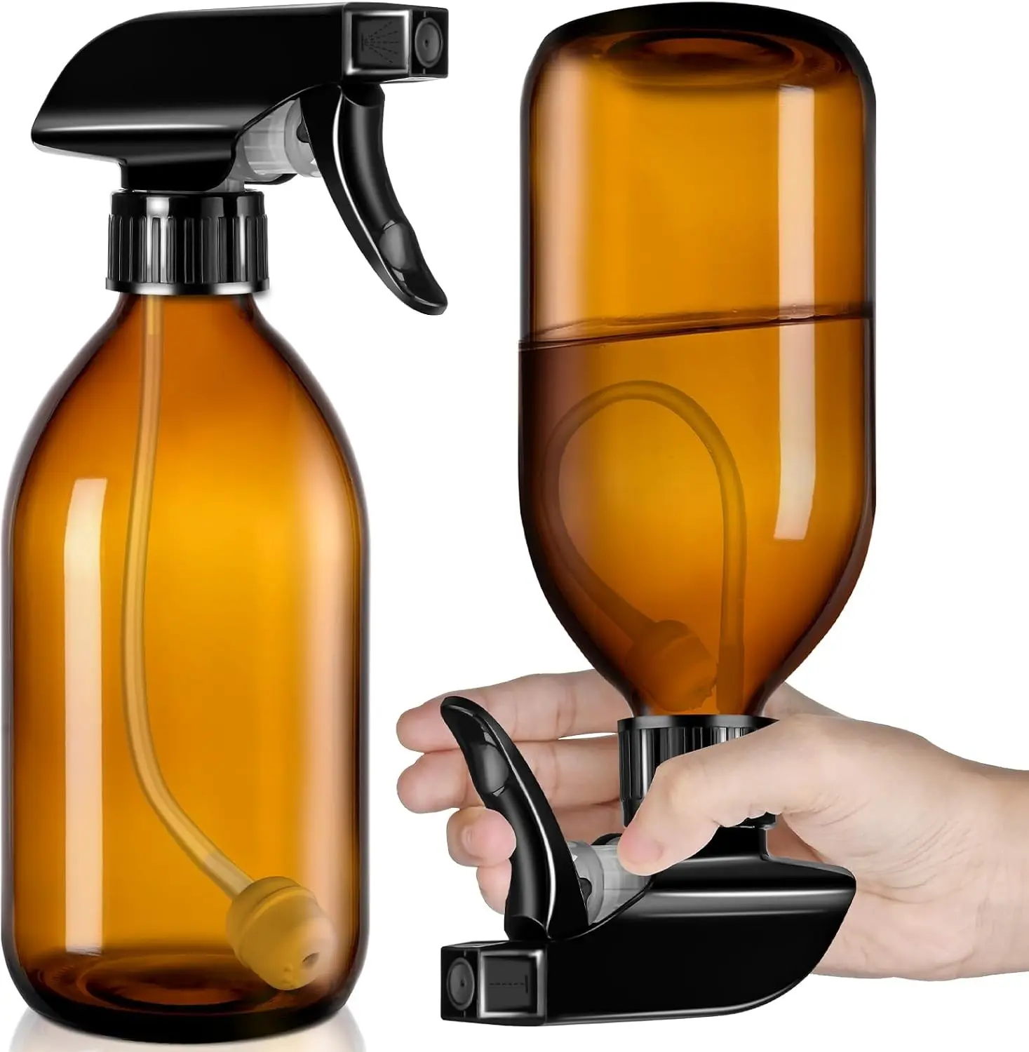 Tecohouse 2 Pack Amber 360° Glass Spray Bottles, 16 oz Empty Refillable Containers with Adjustable Spray Nozzles, Spray Bottles for Cleaning Solutions and Plants
