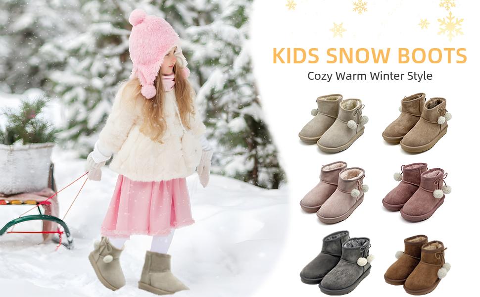 Lumubby Girls Winter Snow Boots Faux Fur Lined Short Ankle Shoes for Little Big Kids - Slip-On Style, Plush Sheepskin, Lightweight & Durable