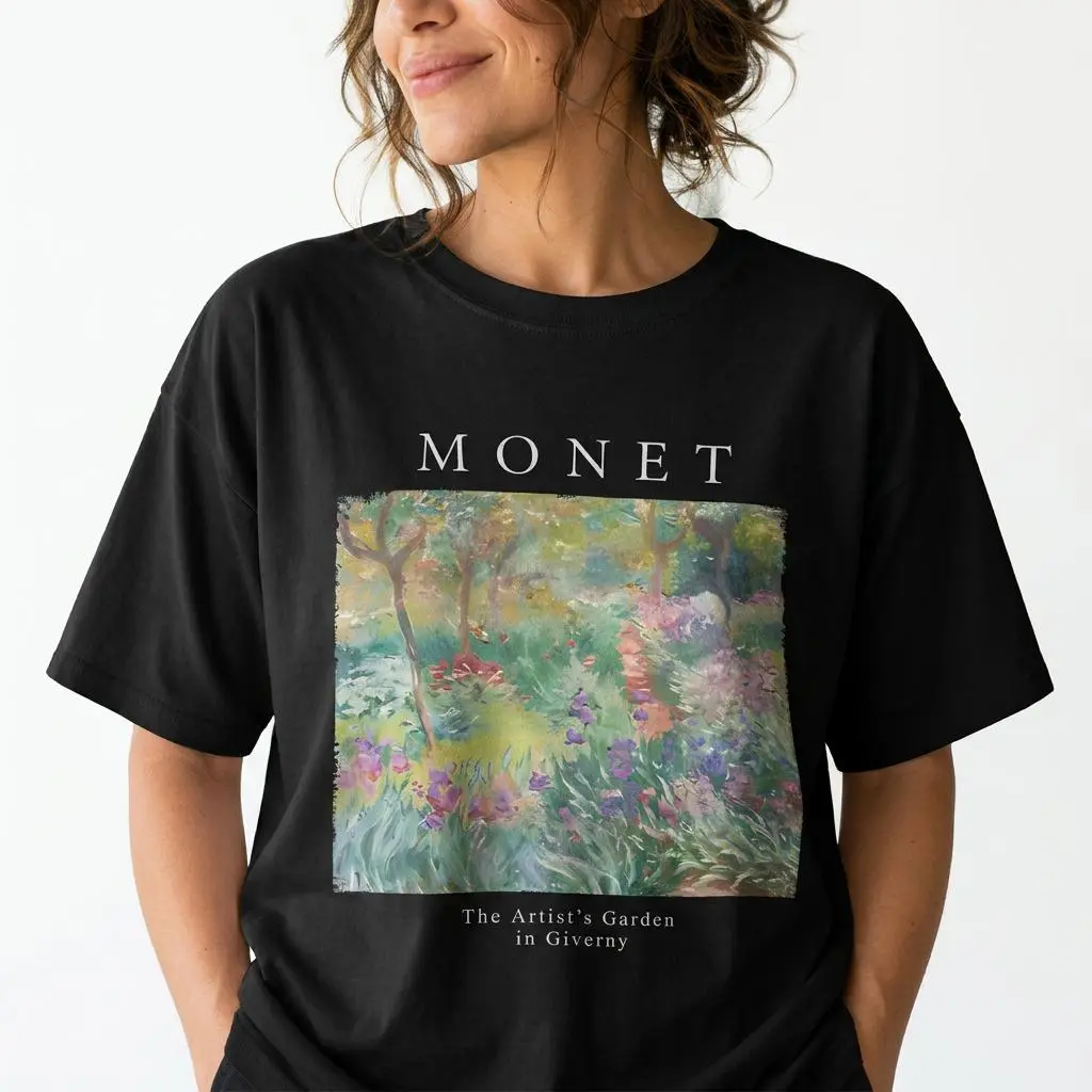 Vintage Art Graphic Tee Women Monet Floral Garden Shirt Plus Size