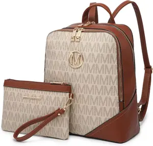 Women's Fashion Medium Backpack Purse Set - 2Pcs PU Leather Shoulder Bag with Double Zipper for Travel and Daily Use