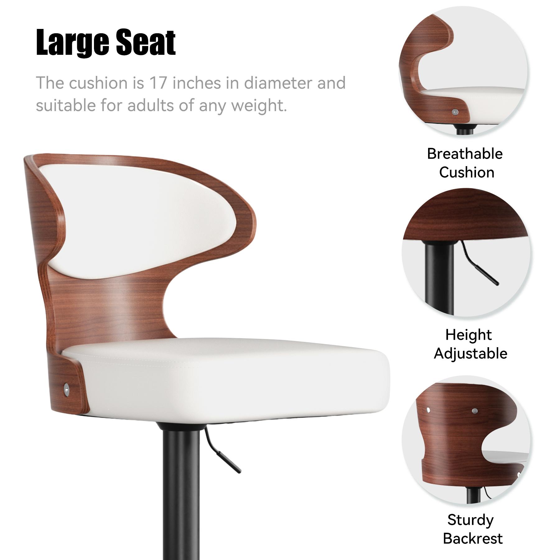 Bar Stools Set of 2 Seat Adjustable Height 24.5-33.5IN - Bentwood Swivel Barstools with Back & Footrest - PU Leather Upholstered Bar Chair for Bar, Kitchen, Dining Room