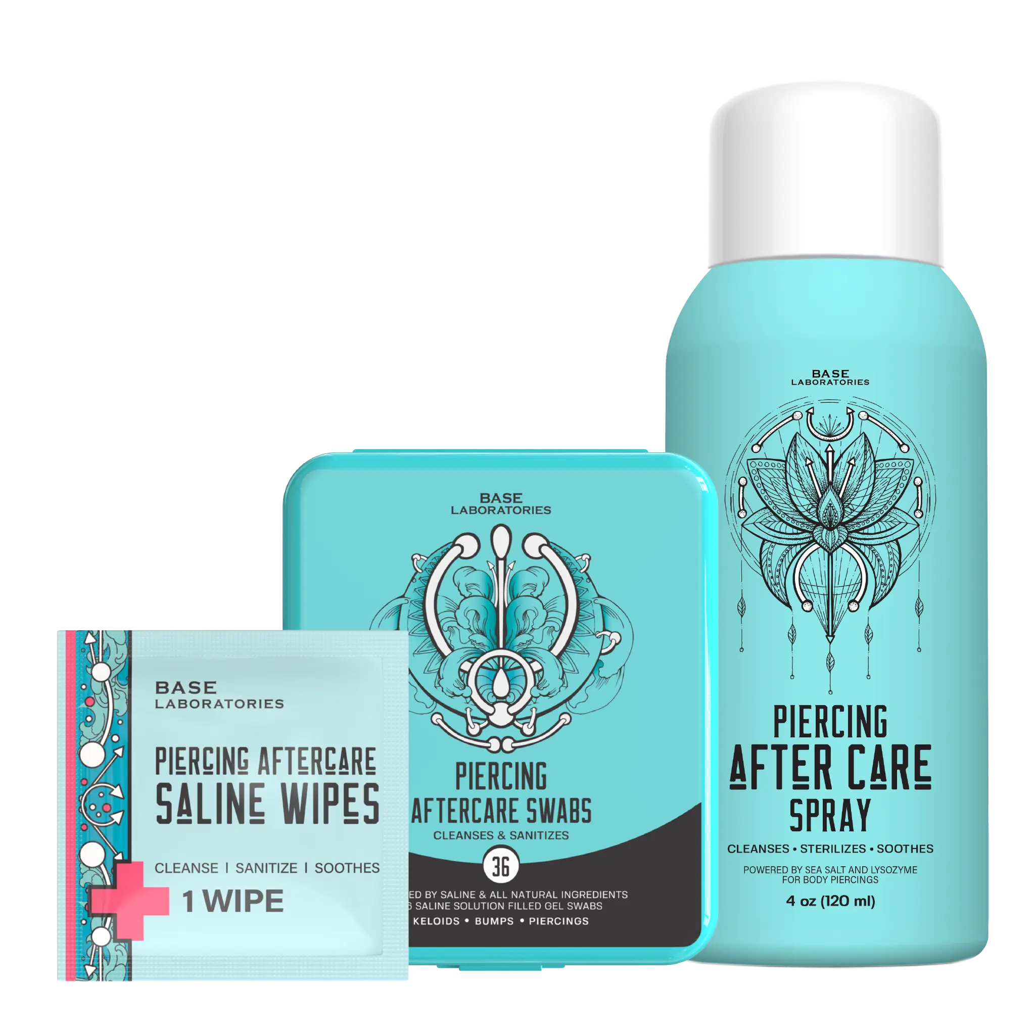 Base Laboratories Saline Sensation Trio Saline Piercing Aftercare Bundle For Piercing Bumps and Keloid For Nose Ear And All Body Piercings Swabs Spray