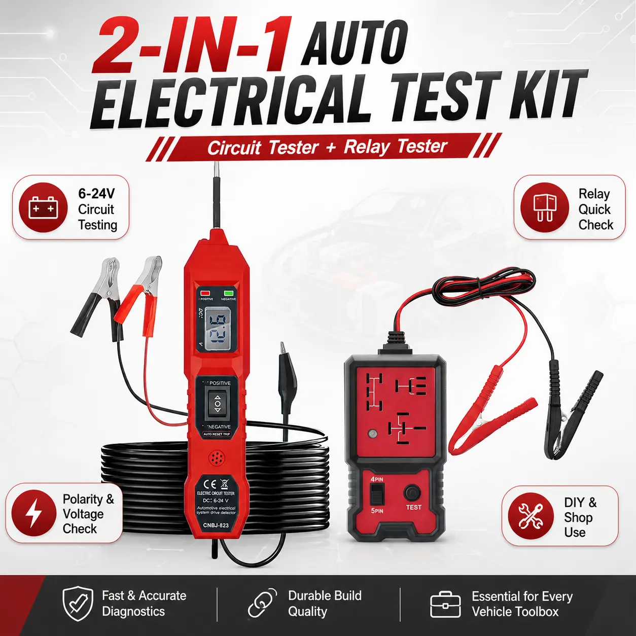 CNBJ-823 Circuit Tester & Relay Tester Combo Kit, 2-in-1 Automotive Electrical Diagnostic Tool, 6-24V Voltage Test Light with 4Pin 5Pin Relay Tester, Battery Clip, Polarity Test for Car Battery Fuse Wiring Check