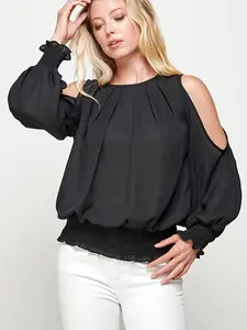 Women's Casual Cold Shoulder Balloon Sleeve Blouse