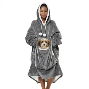 Kangaroo Wearable Blanket Hoodie with Giant Pocket, One Size Pet Clothes Sherpa Fleece Warm ＆ Cozy Oversize Sweatshirt Blanket Jacket with Sleeves Gifts For Dogs And Cats, Cozy Hooded Cat Clothes Womenswear Winter Cute Snuggle, Dog Stuff, Cat Hoodie Pouch