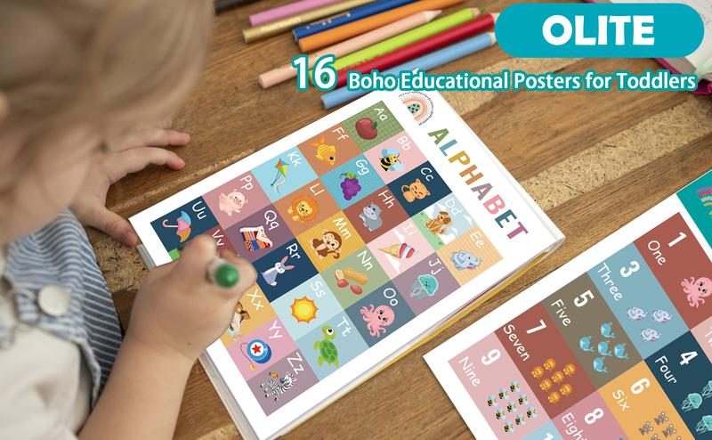 16 Boho Educational Posters for Toddlers - Classroom and Teacher Decor for Kids, Perfect for Ages 1-5, Ideal for Elementary and Boho-Themed Rooms. Kindergarten Charts