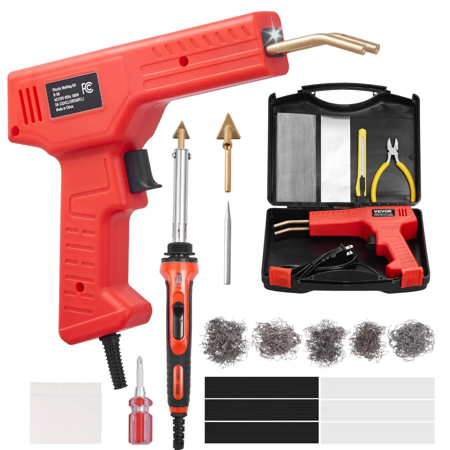 VEVOR Plastic Welder Kit Deluxe, Summervibes, 100W Plastic Welding Gun + 60 W/100W Soldering Iron, Professional Plastic Repair Welding Tool with 1000PCS Hot Staples & 60 Rods for Car Bumper Kayak Electronics Toys