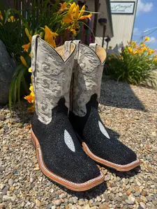 Anderson Bean Women's Black Stingray & 10” Cobblestone Embossed Leather Top Square Toe Cowgirl Boots 335354