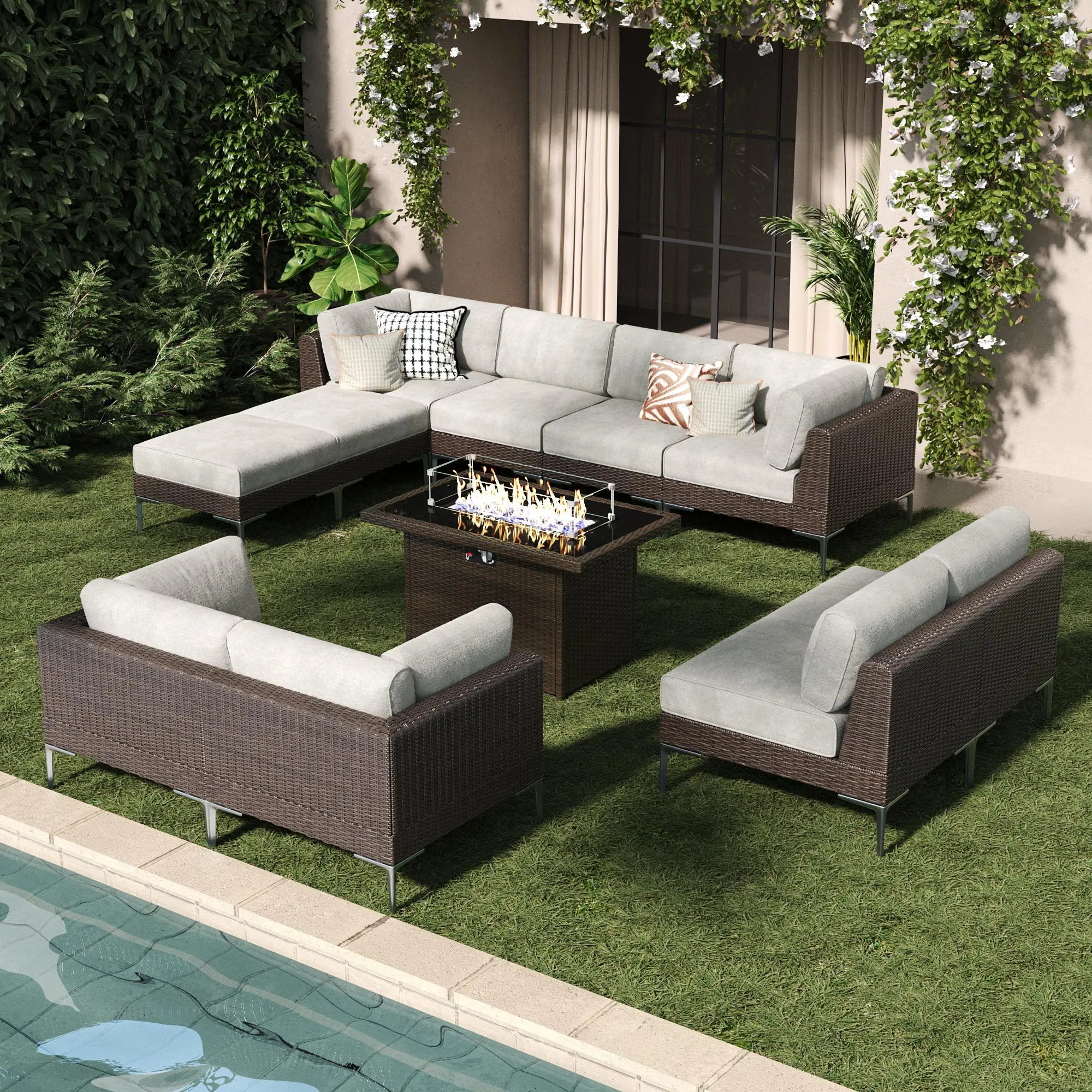 LayinSun 11-Piece Outdoor Modular Wicker Sectional Sofa with Fire Pit Table, Patio Furniture Conversation Set with Deep Seating and Thick Cushions, Multiple Packages