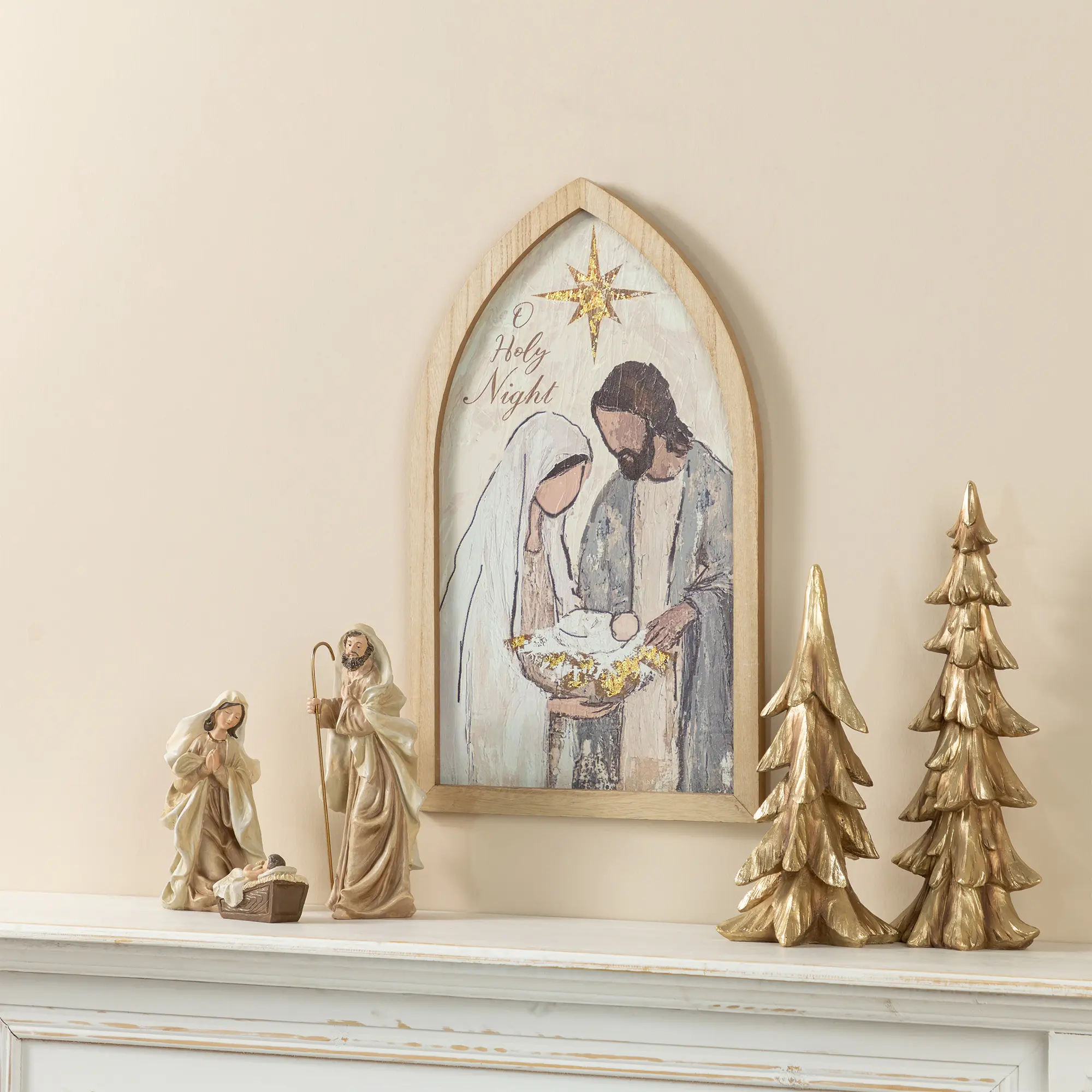 Glitzhome 19.75"H Handcrafted MDF Wood Religious Nativity Scene Wall Decor, Home Decor with Gold Foil Accents