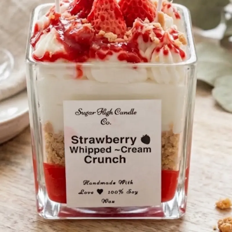 Handmade Strawberry Whipped Cream Crunch Soy Candle - Realistic Dessert Candle, Strawberry Shortcake Scent, Gourmet Foodie Gift, 100% Soy Wax, Aesthetic Room Decor, Sugar High Candle Co