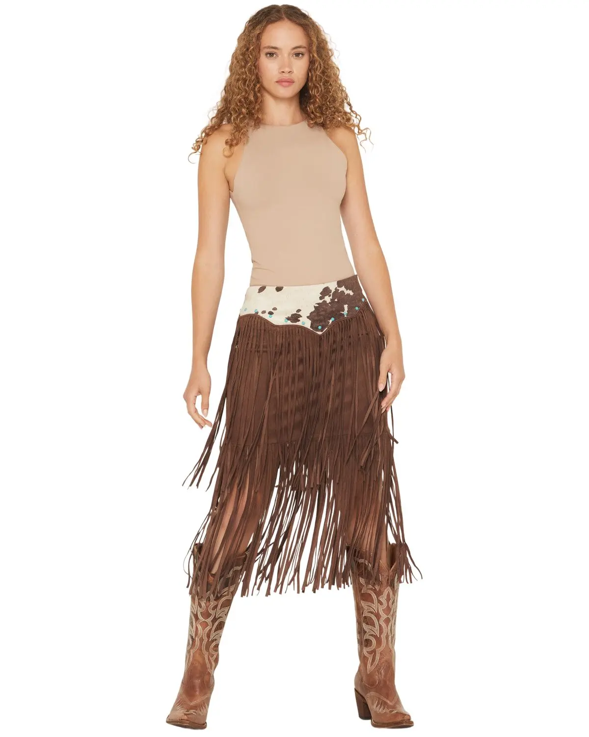 Shyanne Women's Women'S Raven Cow Print Faux Suede Fringe Mini Skirt - Swho25s1-Bn