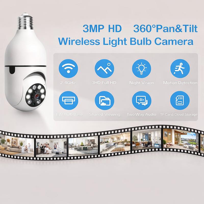 PBSEV Indoor Cameras for Home Security,3MP Full HD Smart Al E27 Light Bulb Camera,360°PTZ&2.4GHz WiFi Wireless Security system with Motion Detection,Two-Way Audio,Easy Install&Support TF/cloud storage