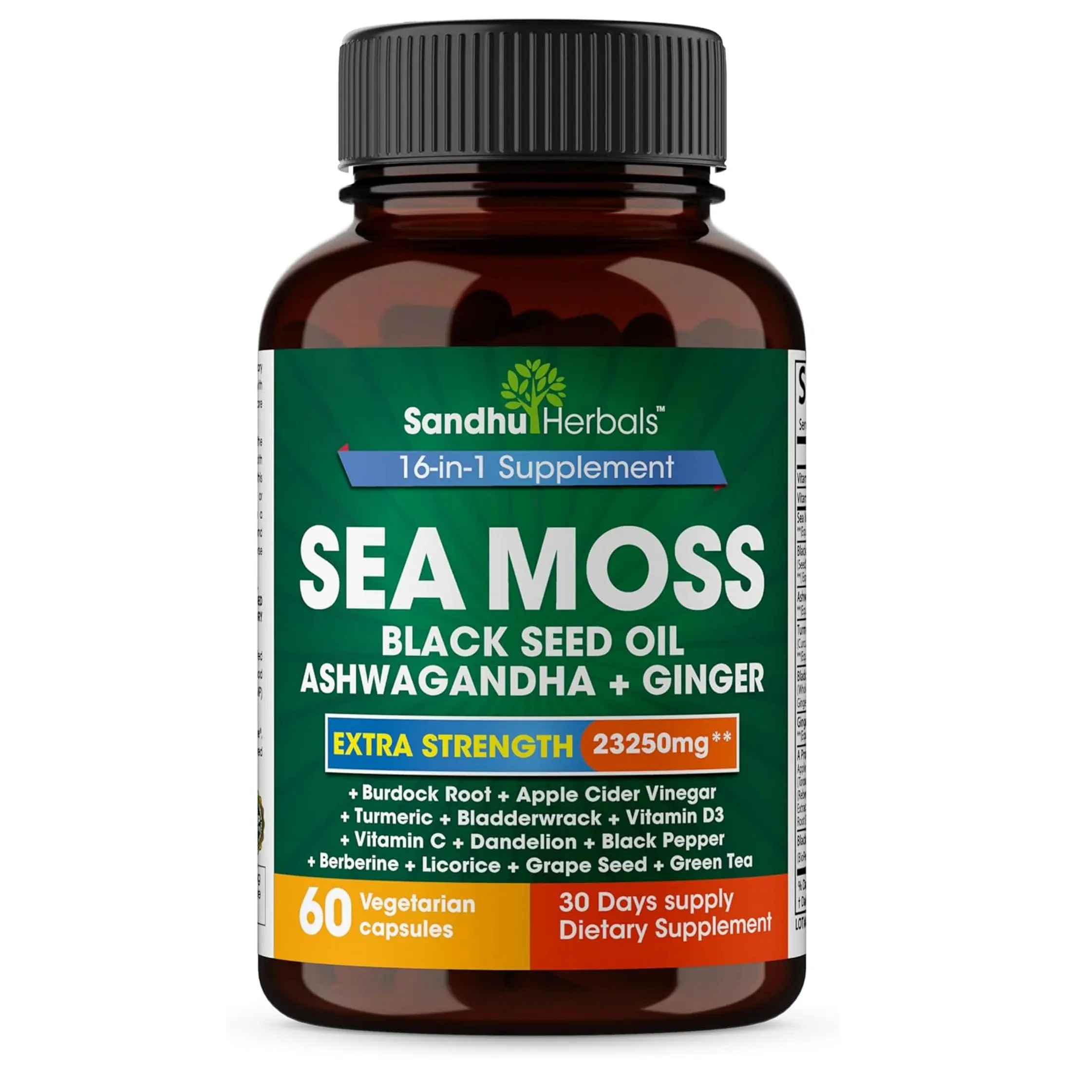 【Sandhus】Sea Moss All in 1 supplement, 60 capsules with Seamoss, Black Seed Oil, Ashwagandha, Ginger, Burdock Root, Turmeric, Black Pepper Healthcare Dietary