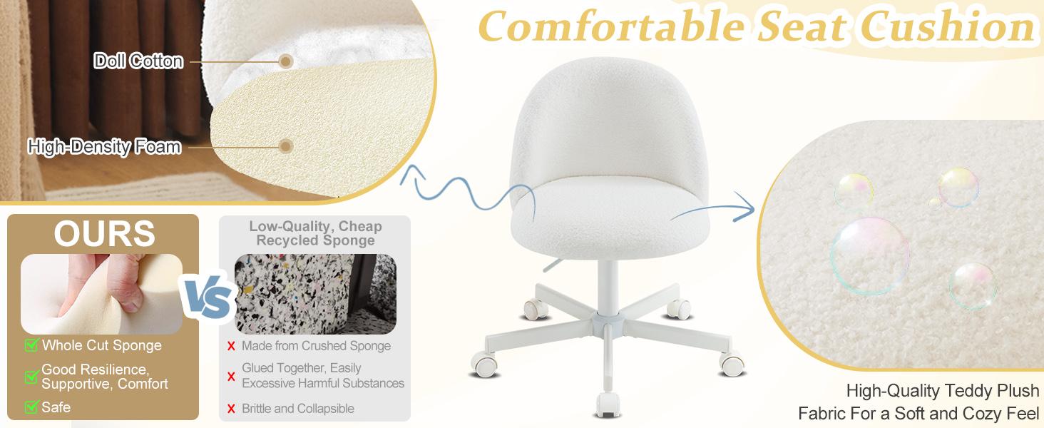 VINGLI Candy Chair Armless Cute Desk Chair,Comfy Small Office Chair with Wheels,Vanity Chair with Lumbar Support,Teddy Adjustable Rolling Swivel Computer Task Chair for Home Office,Bedroom,White