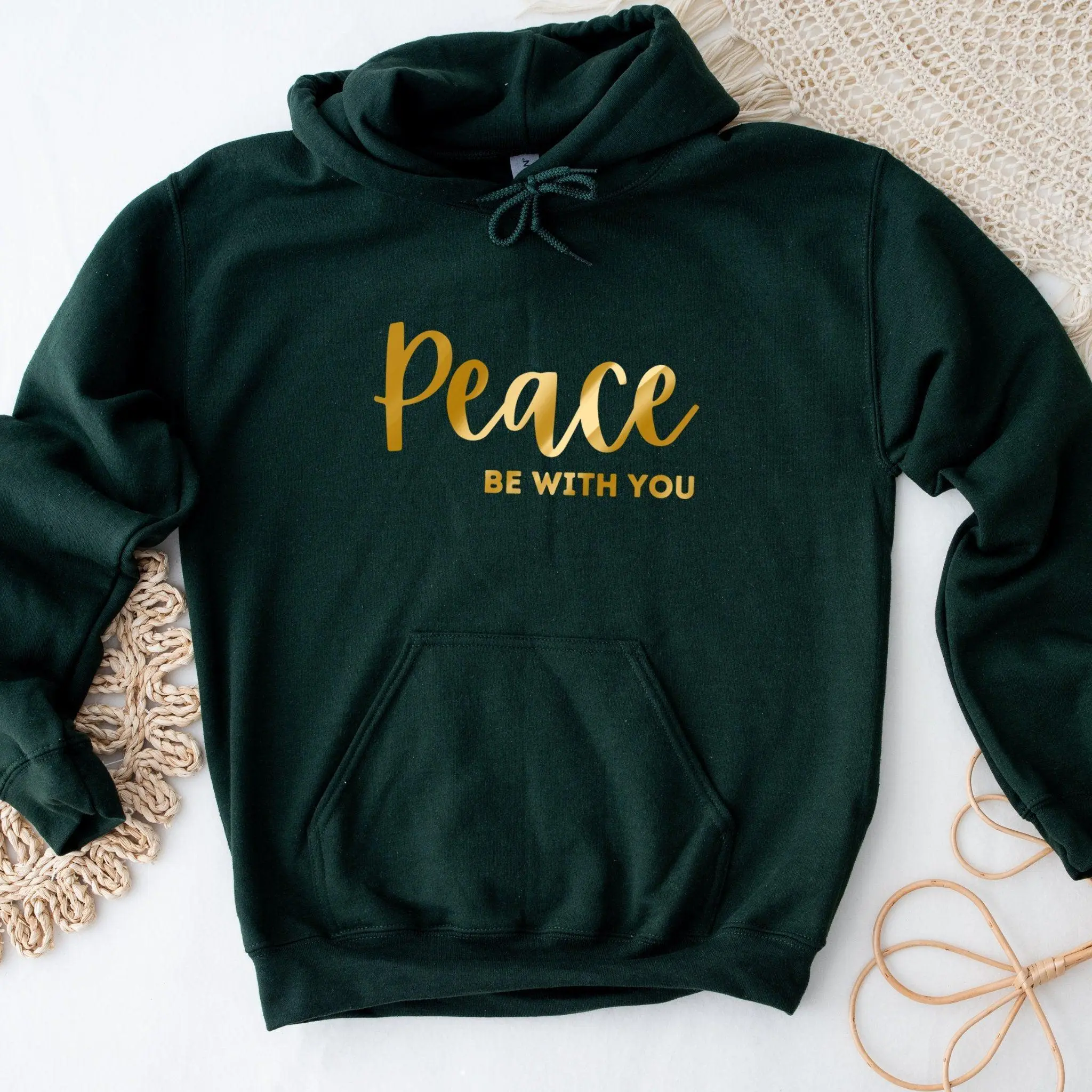 GOLD Peace Be With You Hoodie by Humraha | Desi Arab Muslim Fashion Apparel Gifts for Ramadan Eid Nikkah Wedding Couples Families New Moms Aunts Uncles Grandparents | Pakistan India Bangladesh Palestine Lebanon Egypt Syria