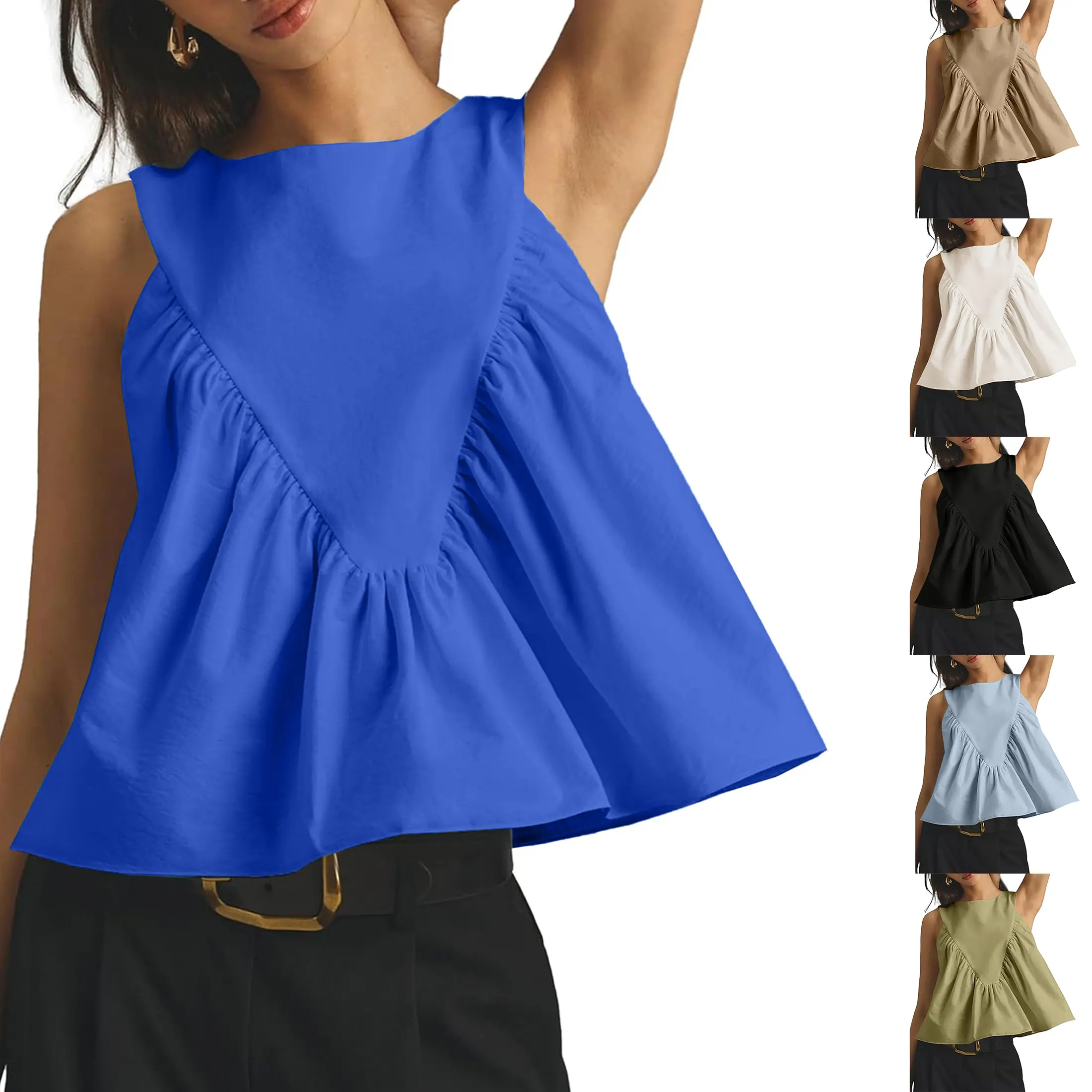 Mundoven Womens Peplum Babydoll Tops Shirred Swing Tank Tops Pleated Flowy Loose Fit Ruffled Vests Summer