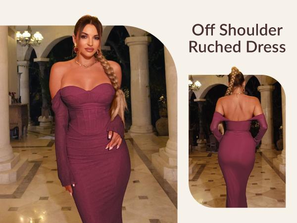 CurvySweet Women's Off The Shoulder Bodycon Corset Ruched Maxi Dress Built-in Bra Long Sleeves Wedding Guest Long Dresses for Women