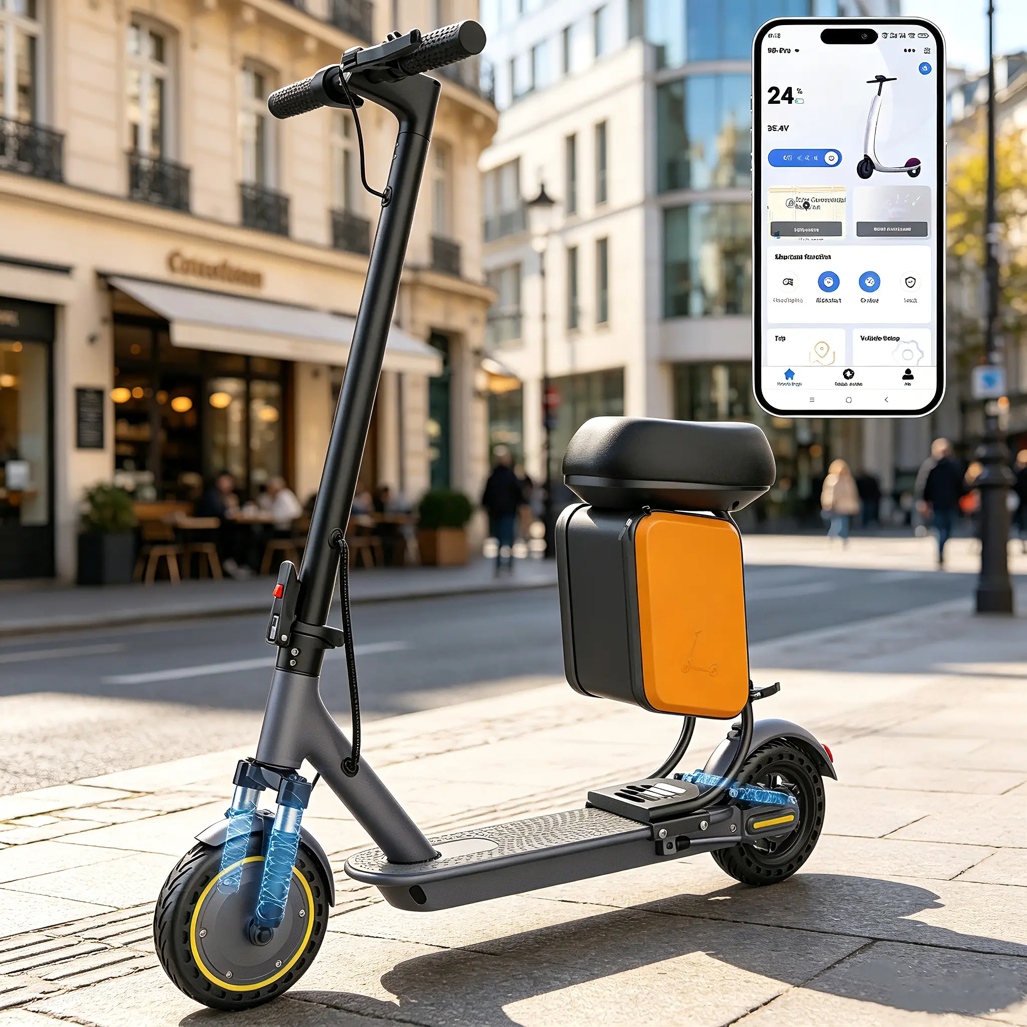 Modern Compact 8.5-inch App Controlled Electric Scooter with Seat, 36V 5.2AH Battery, Dual Shock Absorbers, Smart App Control, Thick Soft Seat Cushion, 11L Storage Bag for Sports & Outdoor Fitness (Scooter Lifestyle)