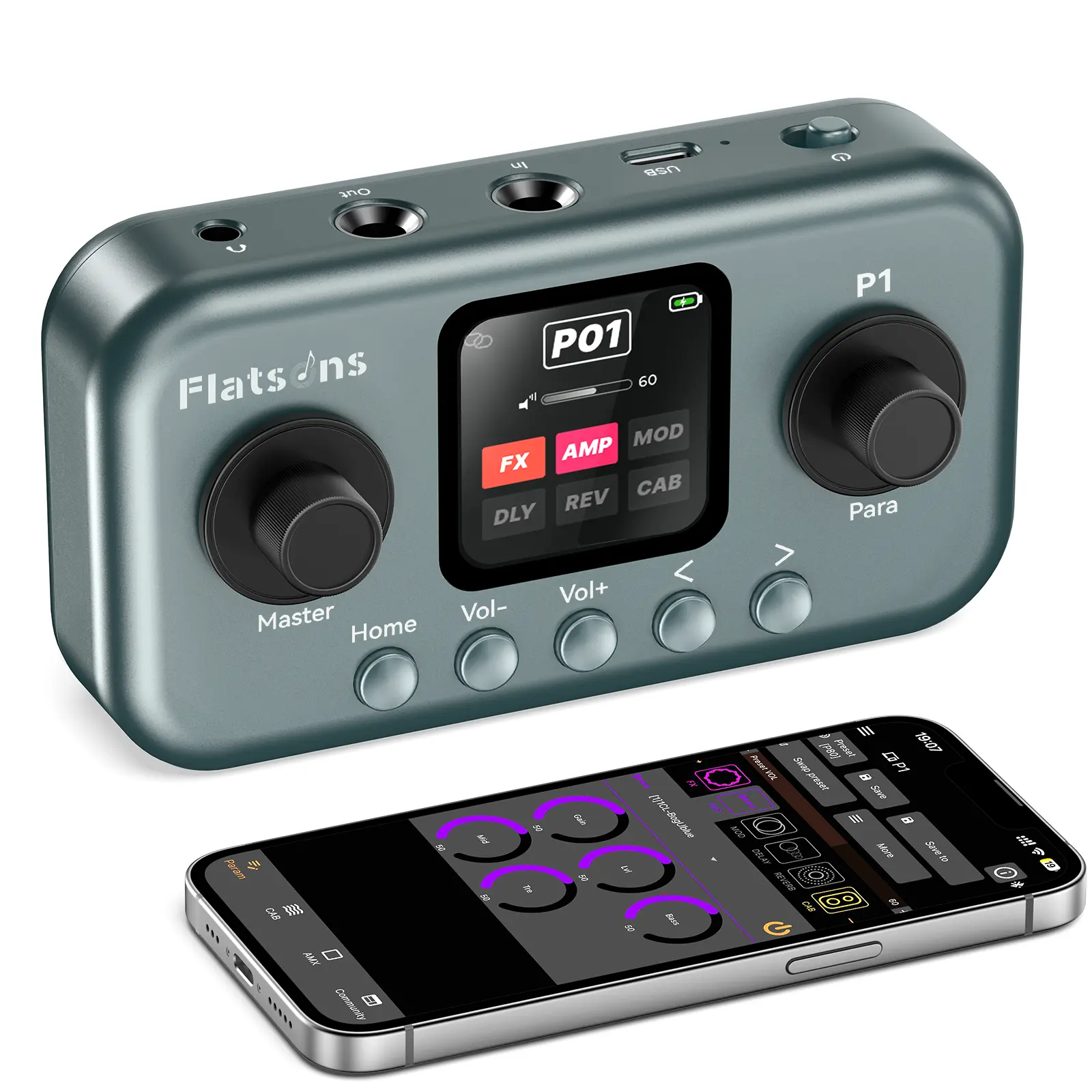 Flatsons P1 Portable Multi-Effects Guitar Pedal - Amplifier Modeler, 80+ Effects, Rechargeable Processor for Bass, Wireless App Control, OTG Recording, IR Loading Preamp, Parametric Equalizer