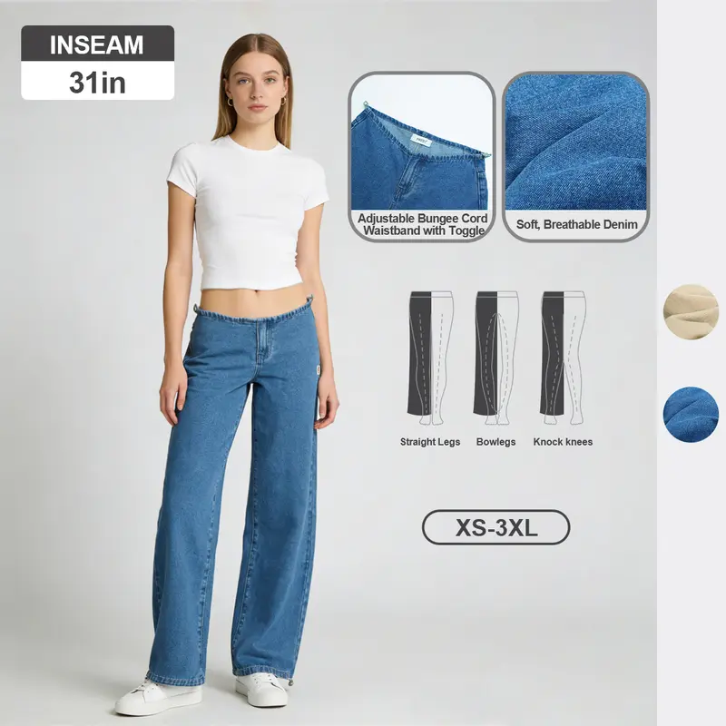 Pwest NYC Low-Rise Wide-Leg Jeans — Adjustable Drawstring Waistband/Hem, Relaxed Straight Cut, Decade Jeans, Super Low Rise, Soft Daily Wear-Spring Summer Bottom Trouser, Back to School, Back to School Haul,Sohochic