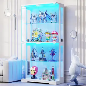 MIIFUNY Display Cabinet with Glass Doors, 4-Tier Curio Cabinet with 3 Color Lights for Collectibles, 65" Lighted Glass Display Case with Transparent Full-Display Surface, Human Body Sensor, White