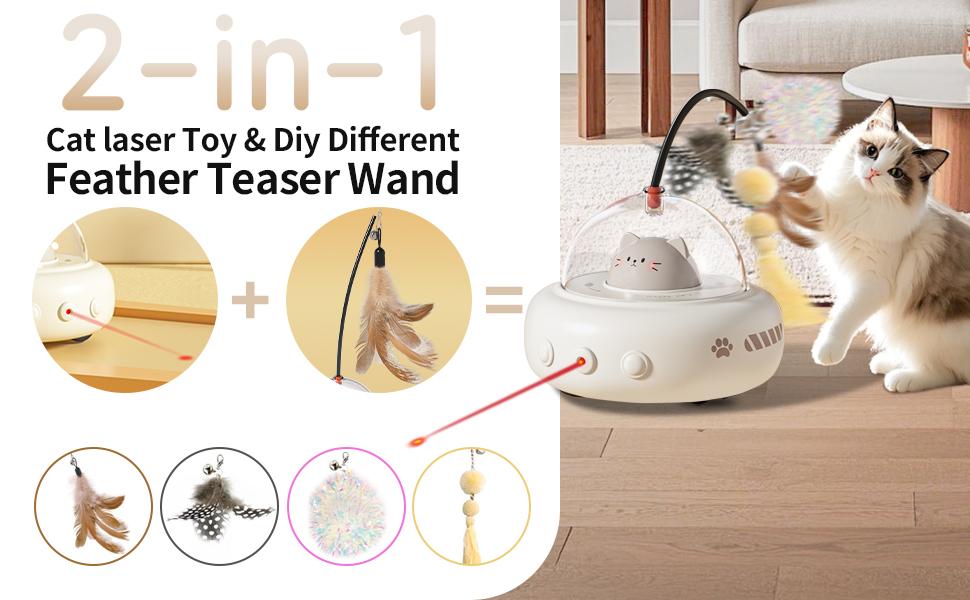 Automatic obstacle avoidance cat laser toy, 2-in-1 interactive cat toy, laser and feather cat teaser, USB rechargeable laser cat toy, perfect gift for bored indoor adult cats/kittens, detachable mint ball.