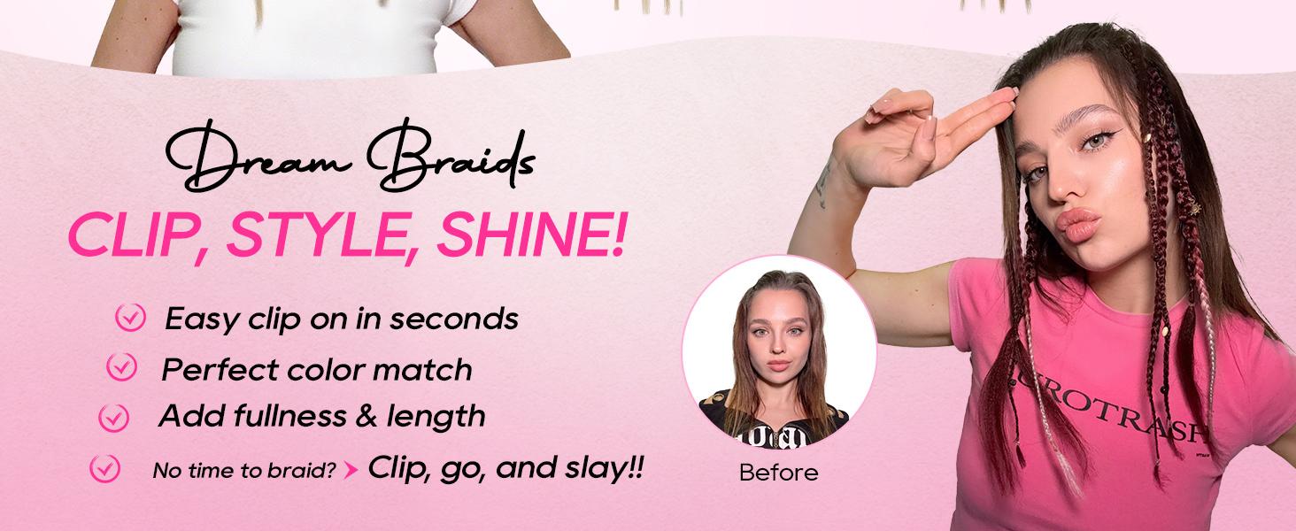 NAYASA 2PCS Clip in Braid Hair Extensions for Women,20" Boho Dreadlock Clip in Braids with Beads & Charms, Handmade Synthetic Braided Hairpieces for Cosplay Daily Styling