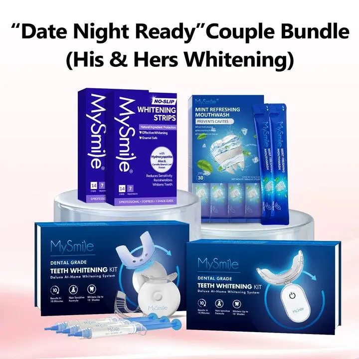 MySmile Couples Teeth Whitening Kit - His & Hers Multi-Pack with 2 Cordless LED Lights, 14 Whitening Strips, Mouthwash, Color-Correcting Teeth Brightener, Peroxide, Batteries for Adult Oral Selfcare (1lb)