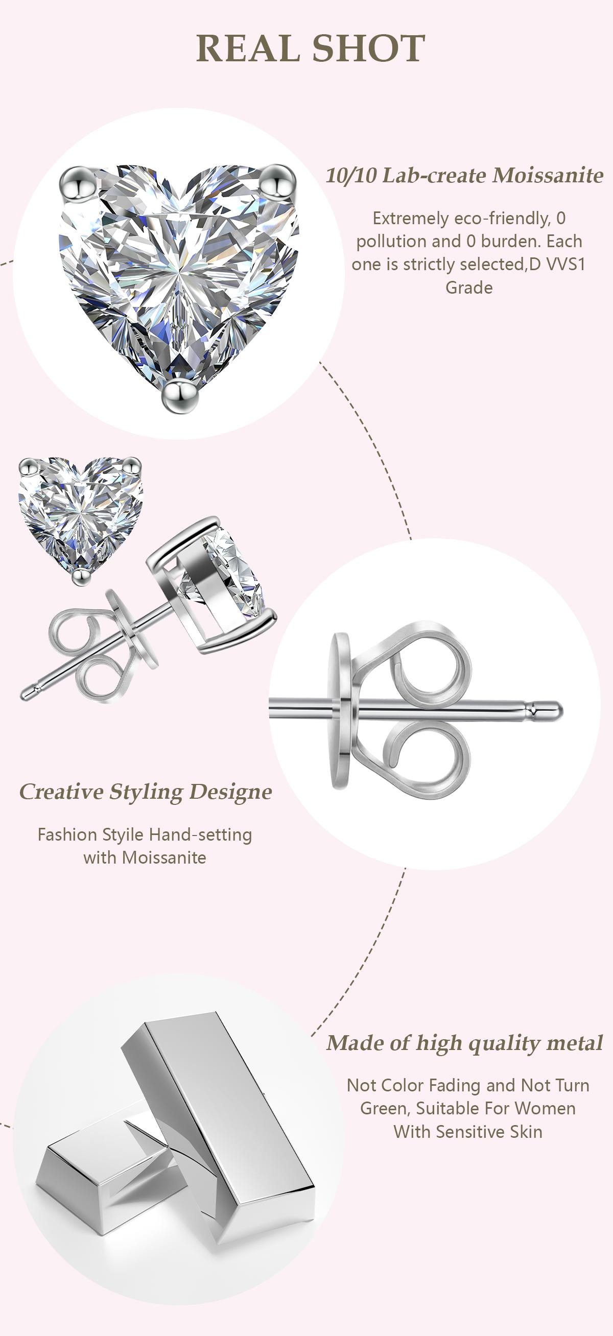 Delzzad S925 VVS Synthetic Moissanite Heart Shape Solitaire Stud Earrings Daily Costume Jewelry Accessories Perfect Birthday Wedding Anniversary Gifts for Women Wedding Set