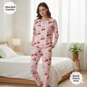 Free 3 Laundry bags and 2pcs Women's Cherry & Bow Print Pajama Set - Ultra-Soft Long Sleeve Loungewear