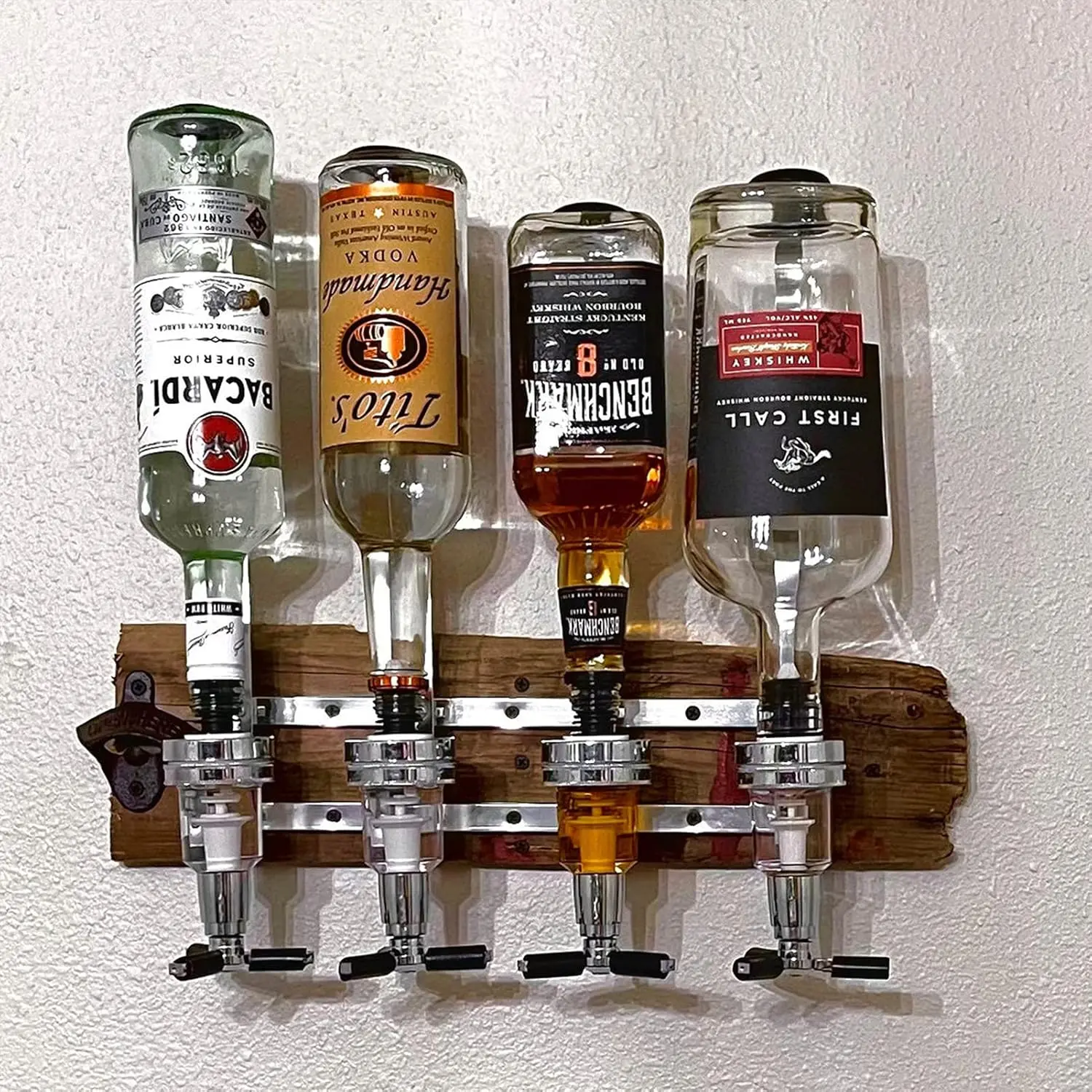 Wall-Mounted Drink Dispenser with 4-Bottle Alloy Frame, Push-Release Valves, 30ml Leakproof Durable Tap, Easy Assembly - Wooden Board Not Included (Man Cave Bar Use)
