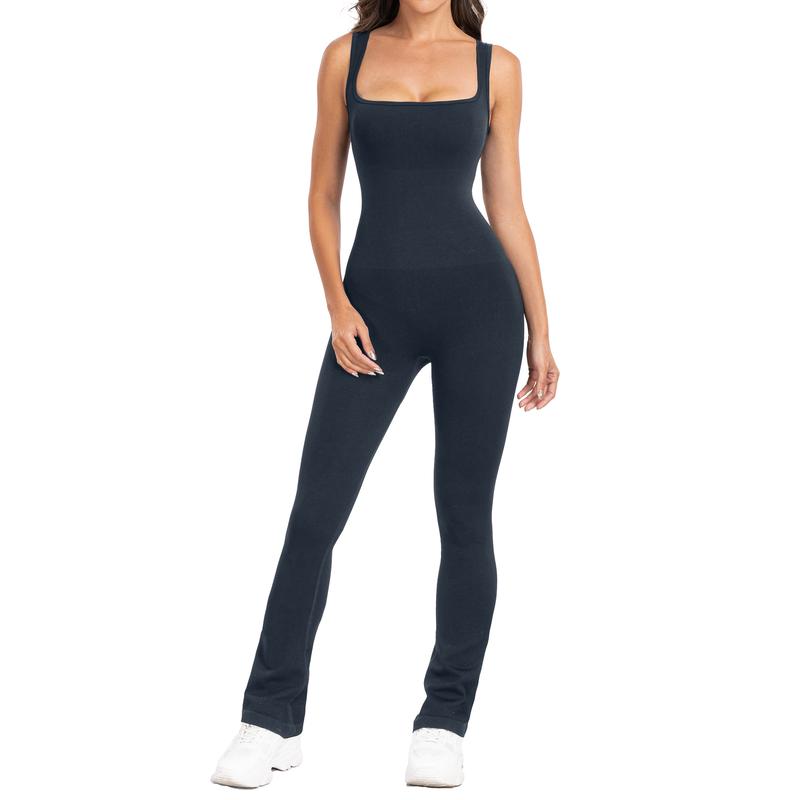 Long Sleeve Flare Wide Leg Jumpsuits Square Neck Full Length Jumpsuits