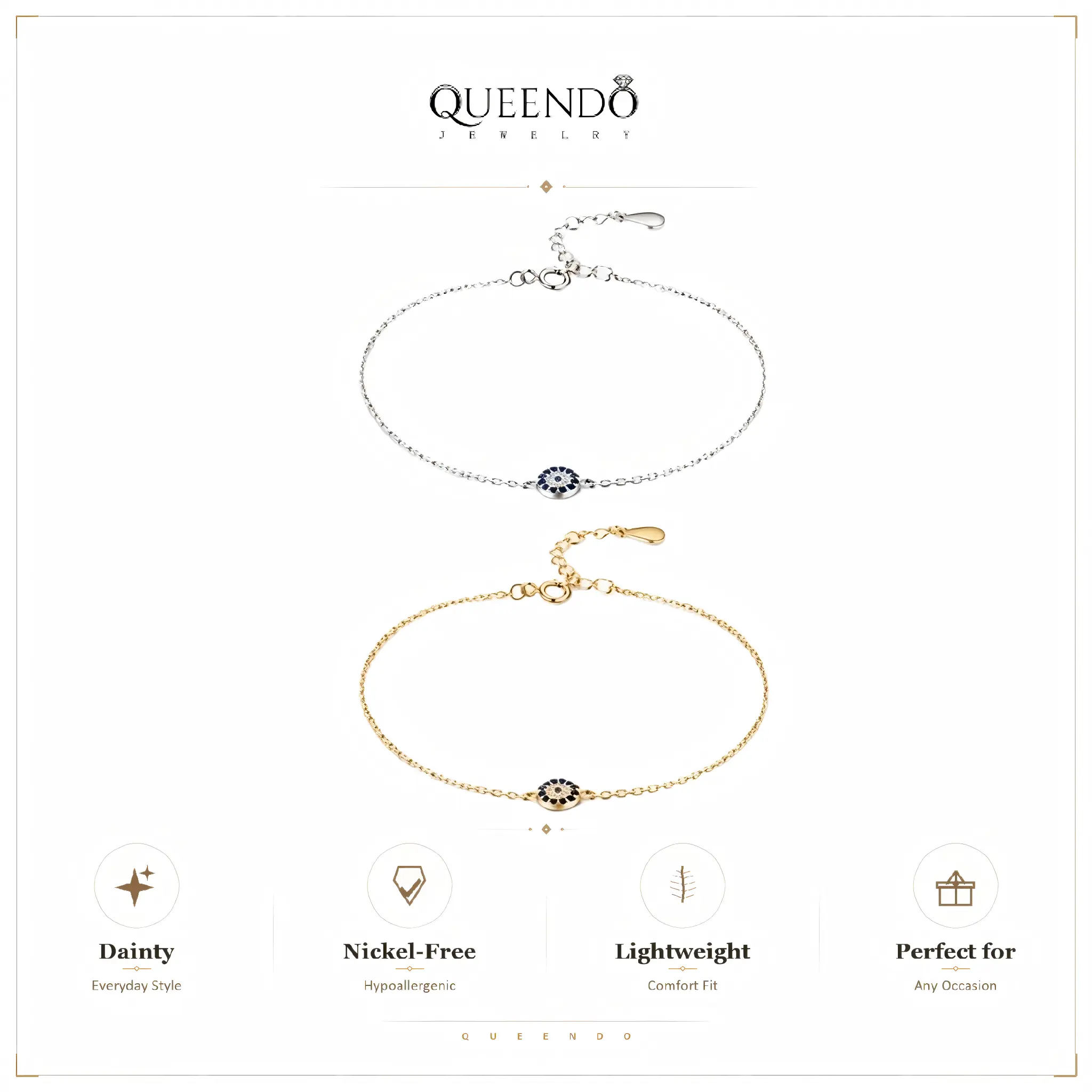 QUEENDO S925 Minimalist Unisex Bubble Eye Charm Bracelet - Adjustable Dainty Cable Chain, 2-Tone Finish, Affordable Layerable Costume Jewelry for Everyday Wear, Party Gift