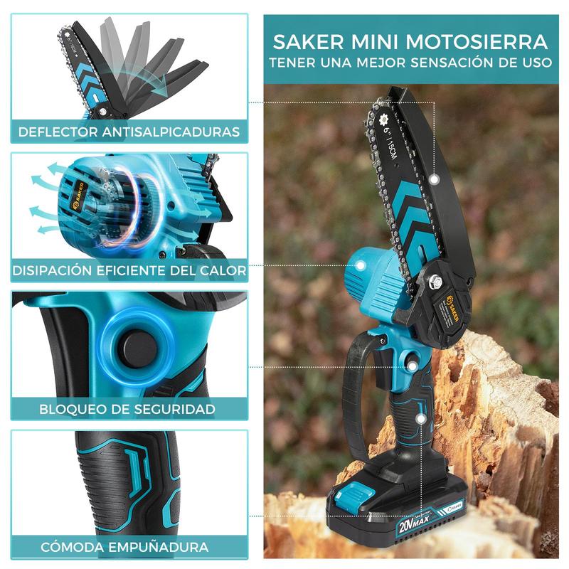 Saker Mini cordless chainsaw, 6-inch handheld chainsaw with safety lock [aged friendly], perfect gift for family and friends.