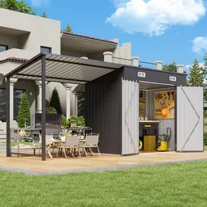 Aoxun 6x4FT Outdoor Storage Shed & Hardtop Gazebo Combo, 12x4FT Metal Lean to Shed with Open-Sided Pergola, 2-in-1 Durable Garden Tool Shed for Patio, Backyard, Deck