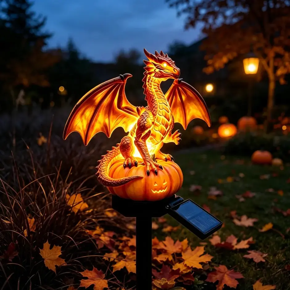 Solar Halloween Dragon on Pumpkin Garden Stake Light - Spooky Glowing Mythical Monster Statue with Warm LED Outdoor Yard Art Waterproof Landscape Decor Ornament for Pathway, Lawn, and Backyard Party Gift